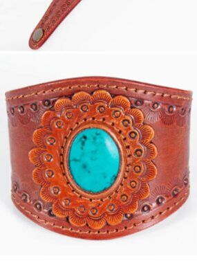 American Darling Hand Tooled Leather Cuff Bracelet Genuine Turquoise Western
